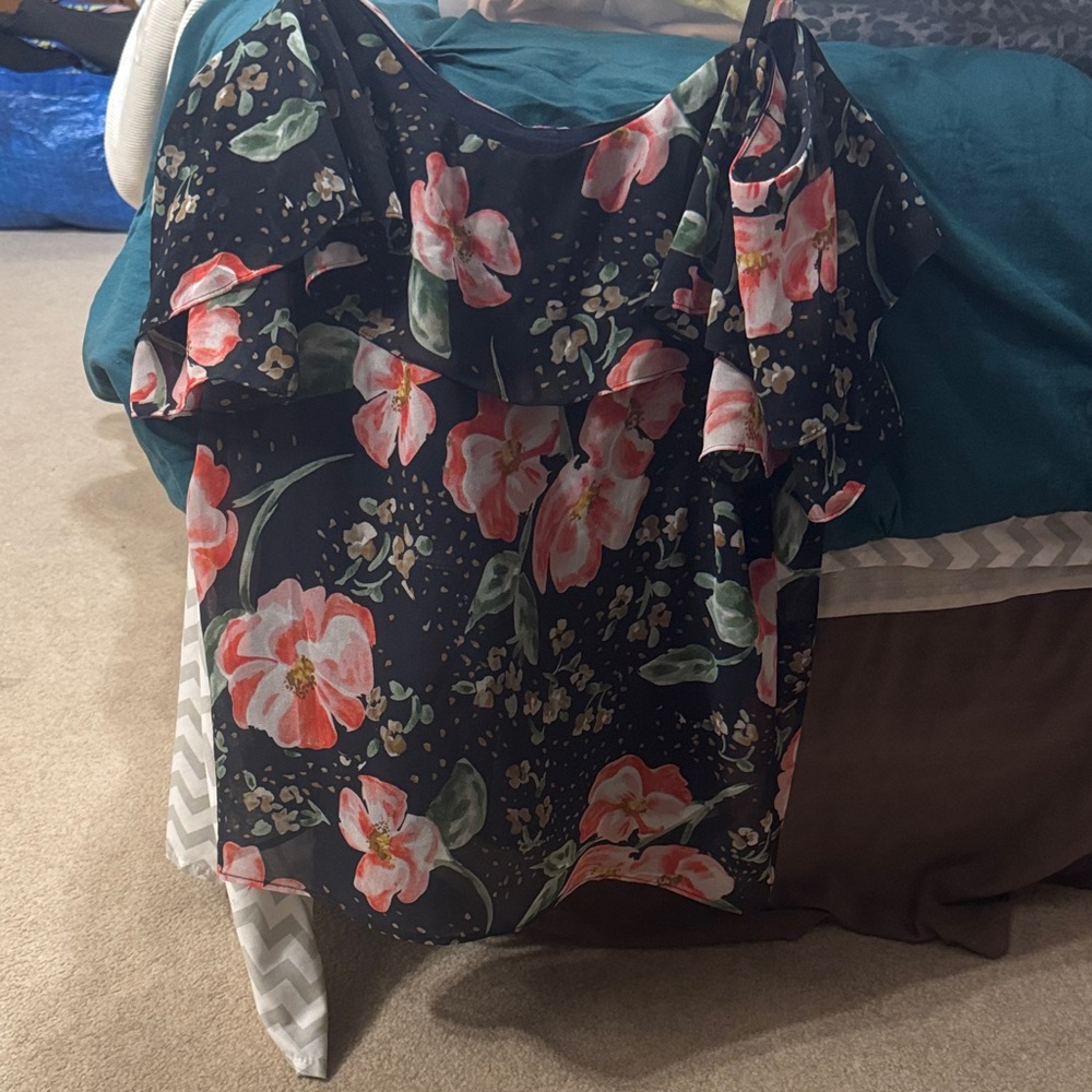 CAbi Navy Floral Top with Pink and Coral Accents